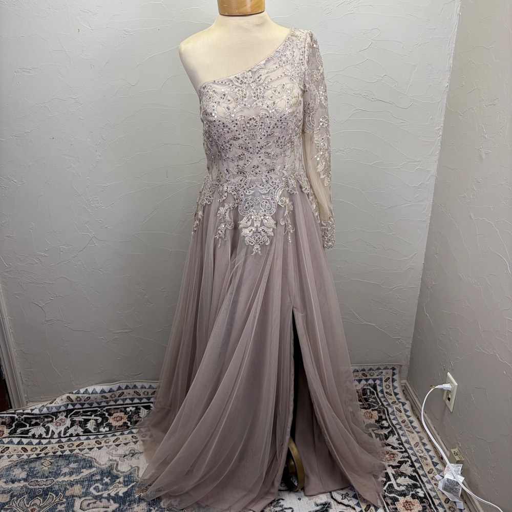 JJ's House Women One Shoulder Sequin Lace Tulle Gown Taupe Size 4 Prom Hoco Gala - Picture 1 of 11